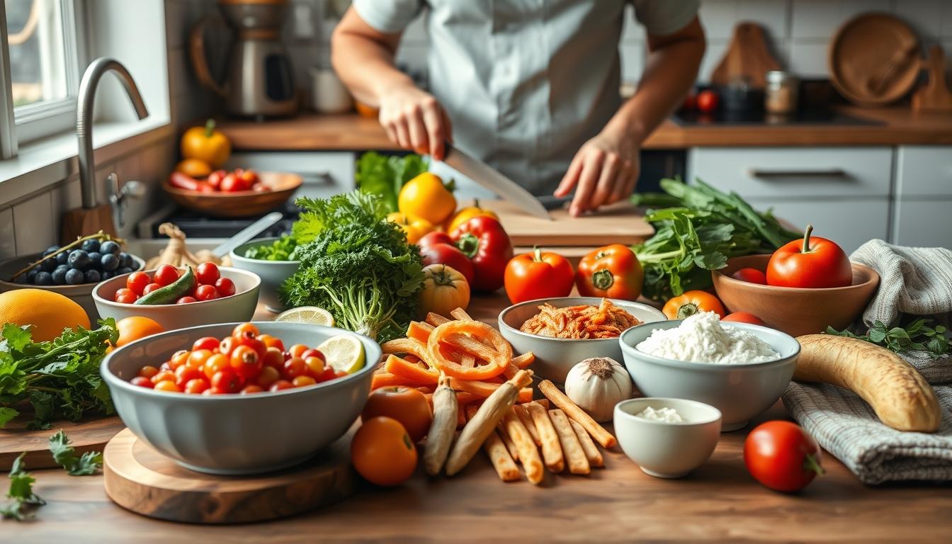 Balanced healthy meal prepared in a home kitchen
